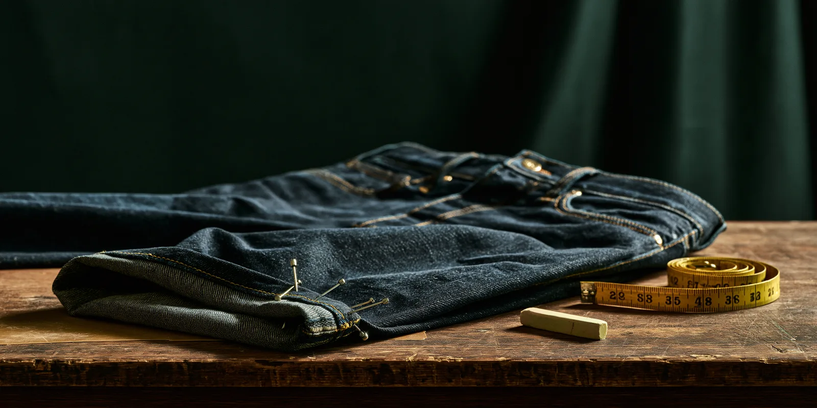 Dark indigo jeans on a worktable, the hem folded up and pinned, with a tape measure and tailor’s chalk beside them