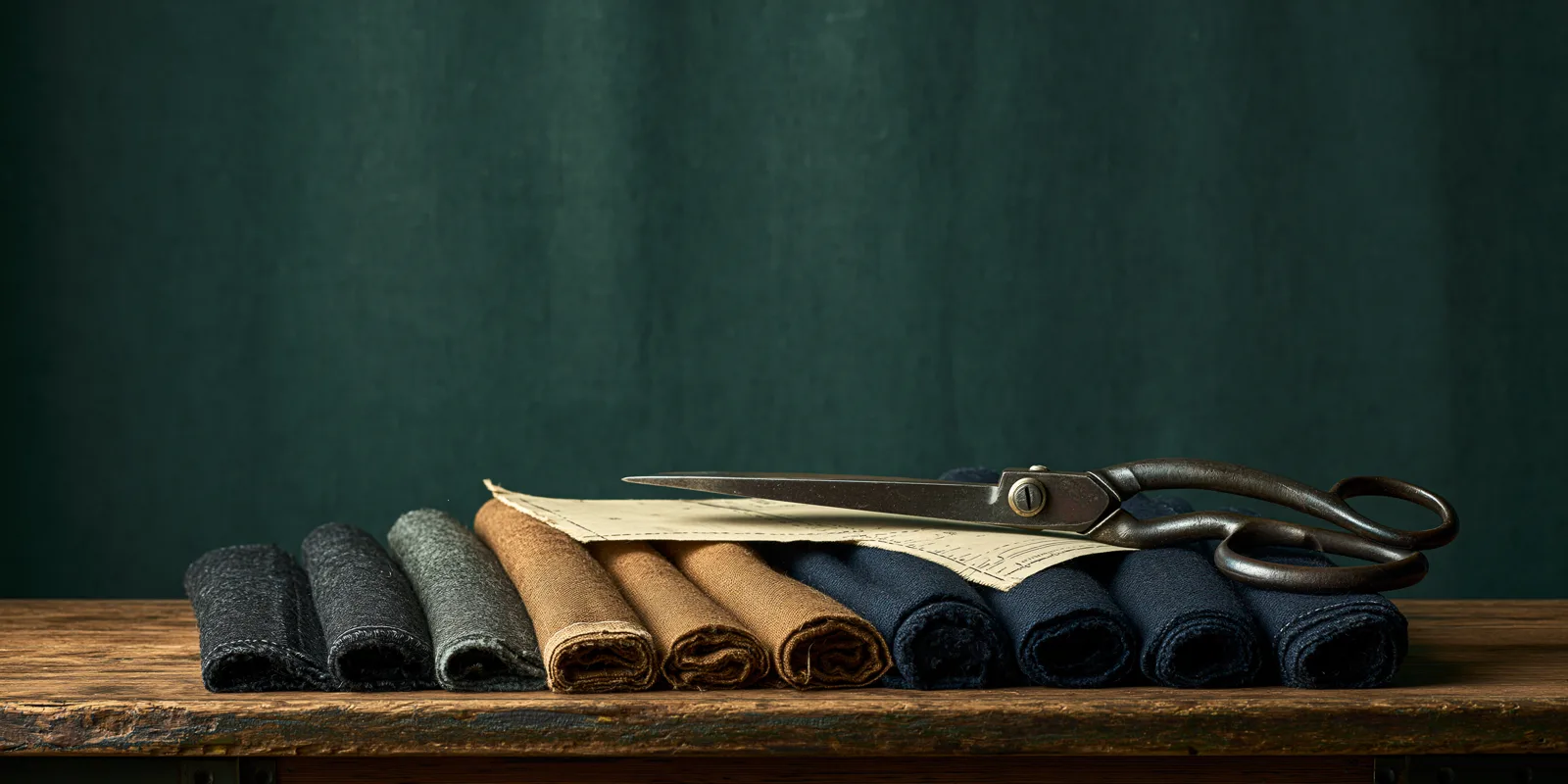 Rolled bolts of wool and linen in charcoal, camel and navy, with a paper pattern and heavy tailor’s shears resting across them