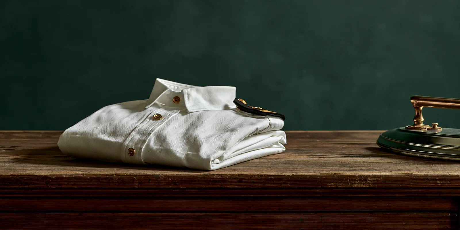 A pressed white uniform shirt folded on a worktable, a braided epaulette at the shoulder and a vintage iron beside it
