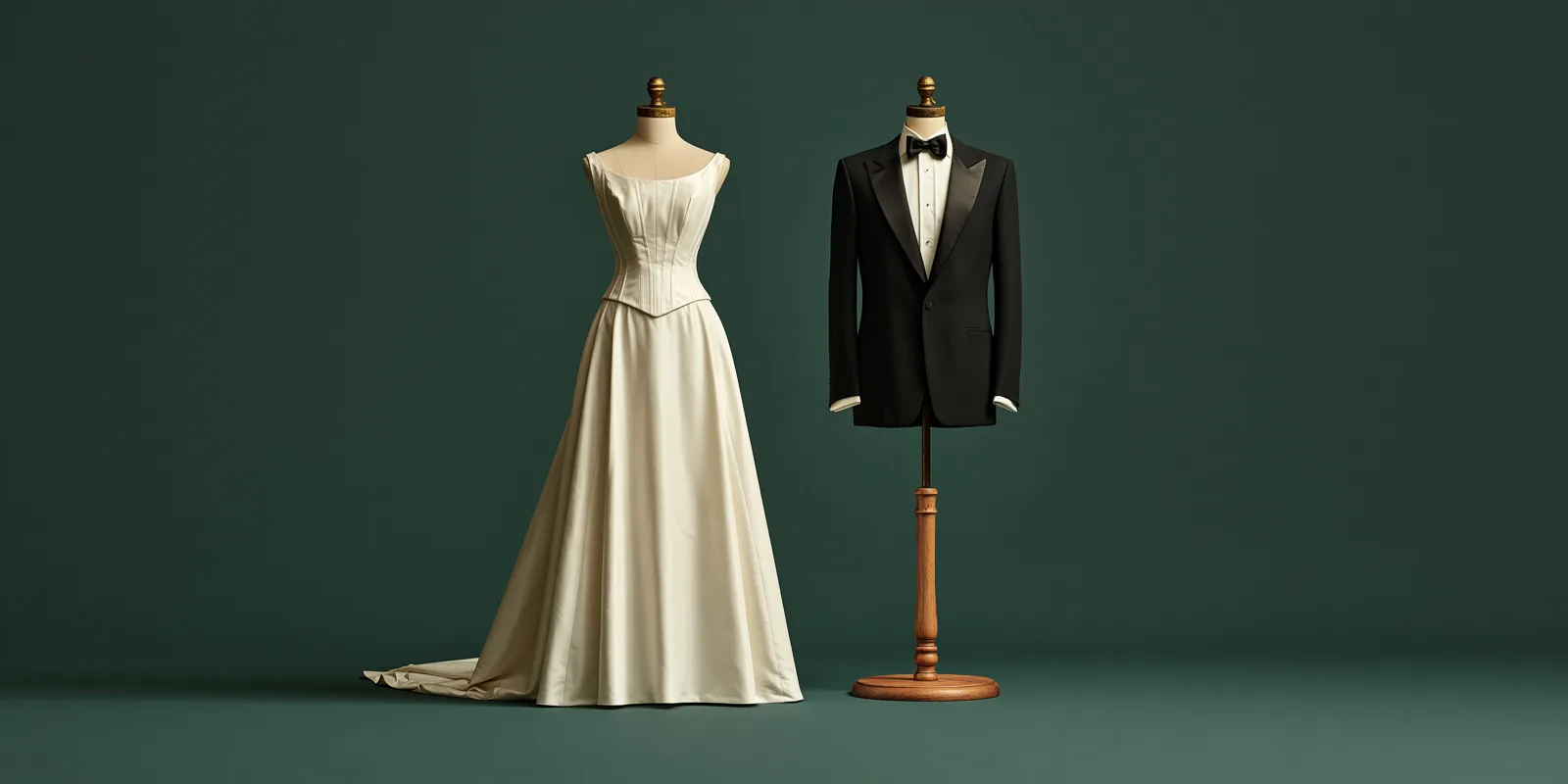 An ivory wedding gown and a black tuxedo displayed side by side on wooden dress forms